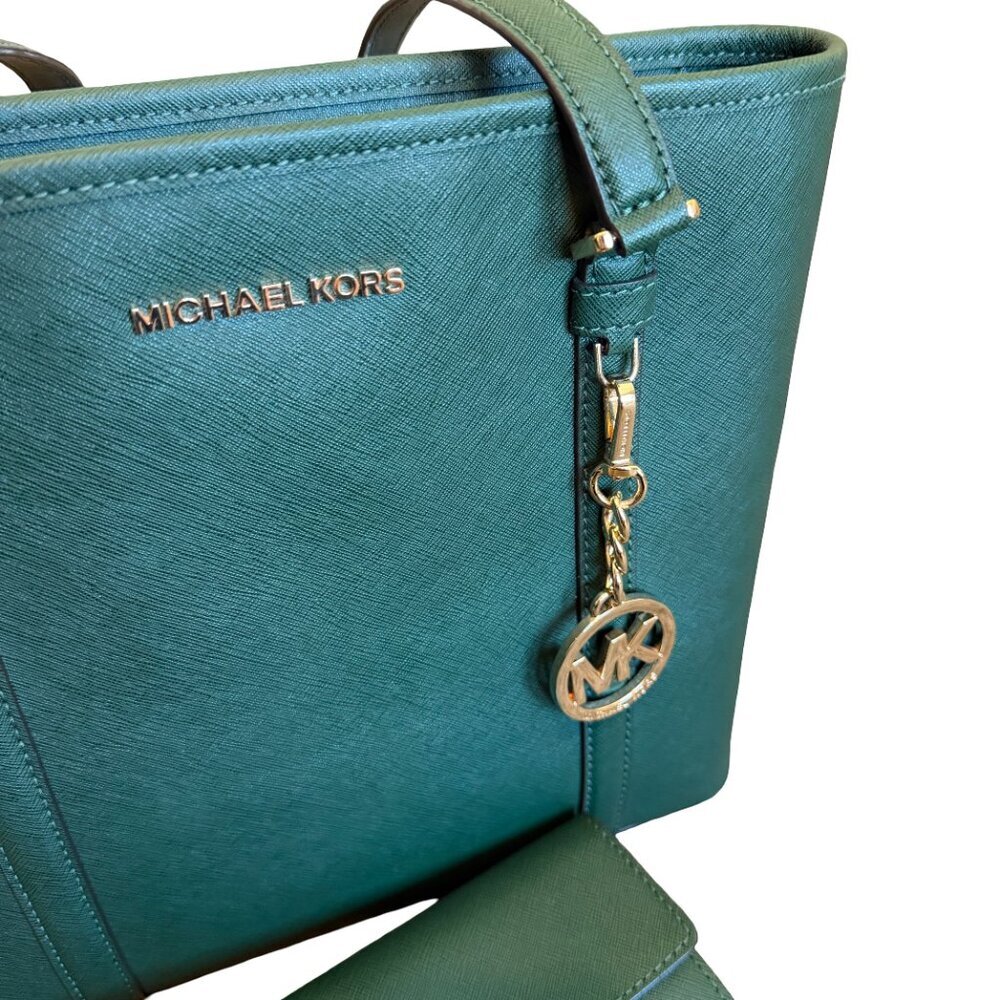 Michael Kors Sady Shoulder Bag Tote Purse Moss Green Gold+ Matching Wallet - Picture 3 of 11